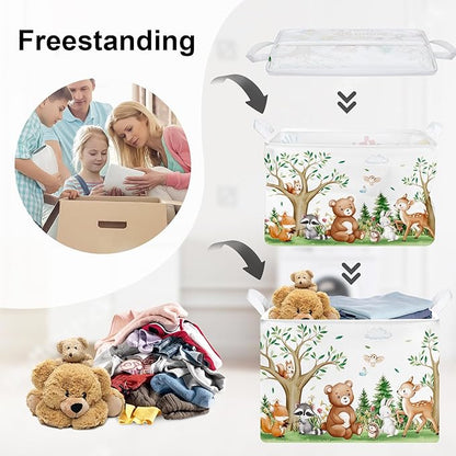 Forest Animals Laundry Hamper Woodland Tree Large Storage Basket Parents Organizer Kids Clothes Toy Bins for Bedroom, Bathroom, Bear, 36L