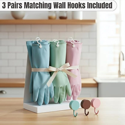 IMARU 3 Pairs Dishwashing Gloves with Hanging Hooks - Reusable Rubber Cleaning Gloves for Household & Kitchen & Gardening, Non-Slip & Waterproof & Durable (Medium)