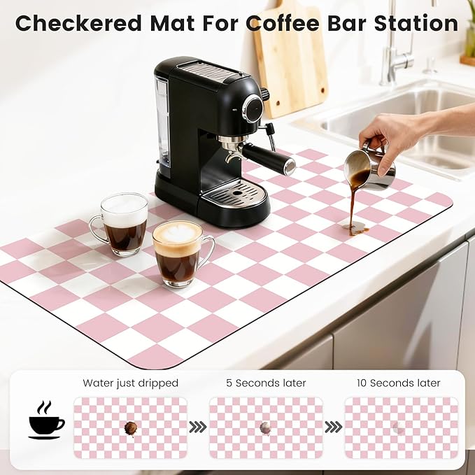 17" x 32" Checkered Dish Drying Mat for Kitchen Counter, Absorbent Coffee Bar Mat for Espresso Machine Coffee Countertops Accessories (Pink)