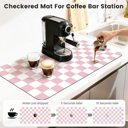17" x 32" Checkered Dish Drying Mat for Kitchen Counter, Absorbent Coffee Bar Mat for Espresso Machine Coffee Countertops Accessories (Pink)