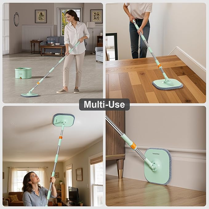 Mop and Bucket Set | Spin Mop with Dual-Tank Clean/Dirty Water Separation | 4 Microfiber Pads for Deep-Cleaning Floors | Versatile Mops Triangular Head for Walls