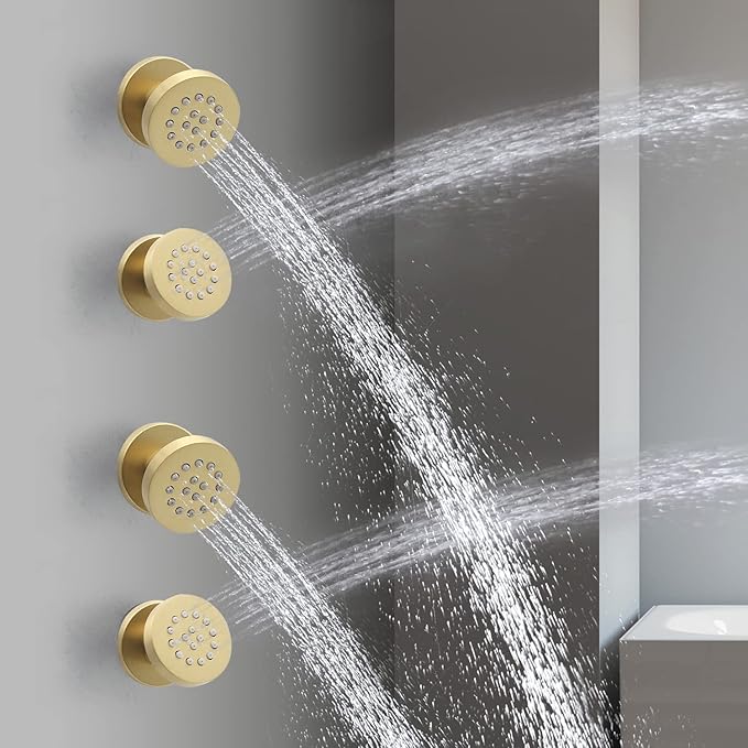 Brass Round Shower Body Spray Jets 4 Pack, HOMEDEC Spa Massage Nozzle 2inch Rain Showerhead Wall Mount Rainfall Shower Head Sprayer, Brushed Gold