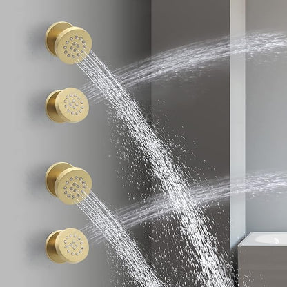 Brass Round Shower Body Spray Jets 4 Pack, HOMEDEC Spa Massage Nozzle 2inch Rain Showerhead Wall Mount Rainfall Shower Head Sprayer, Brushed Gold