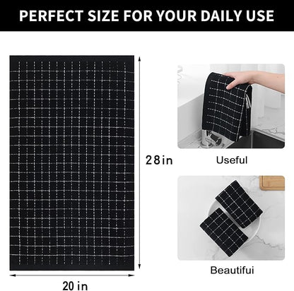 Homaxy 100% Cotton Terry Kitchen Towels(Black, 20 x 28 inches), Checkered Designed, Soft and Super Absorbent Dish Towels, Large 6 Pack