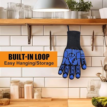 BBQ Gloves, Oven Gloves, 1472°F Extreme Heat Resistant Barbecue Gloves, Silicone Non-Slip Oven Mitts, Kitchen for Cooking, Grilling, and Baking (Blue)