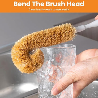 1Pcs Long Handle Scrubber with Bamboo Handle and Coconut Fibers Bristles Cleanning Brush for Glass Bottle Cup Winebottle Kitchen Home