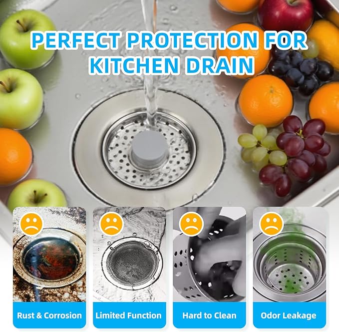 Sink Drain Strainer - Kitchen Sink Stopper, 3 In 1 Kitchen Sink Drain Strainer with Anti-Clogging Basket, Fit US Standard 3-1/2'' Sink Hole