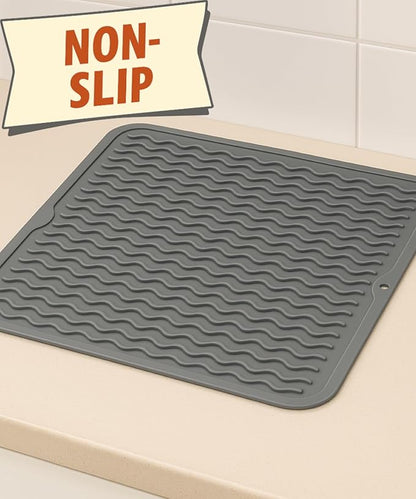 Silicone Drying Mat 16 × 12 – Dark Gray Non-Slip Sink Mat for Kitchen Counter, Heat-Resistant Food-Grade Dish Pad, Easy-Clean Multipurpose Drawer Liner (Dark Gray, 16'' x 12'')