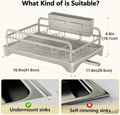 LIYI Dish Rack - Dish Racks for Kitchen Counter, Kitchen Dish Drying Rack Kitchen with Removable Utensil Holder and Drainboard, 16.5" D x 11.6" W x 6.6" H, Grey