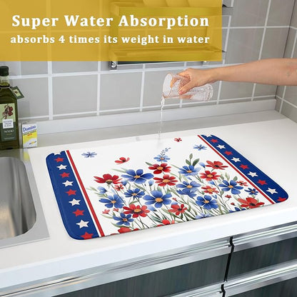 4th of July Dish Drying Mats for Kitchen Counter Summer Flowers Patriotic Kitchen Mats 18x24 Inch Absorbent Microfiber Drainer Mats Independence Day Dishes Pad Quick Dry for Tableware Protector Decor