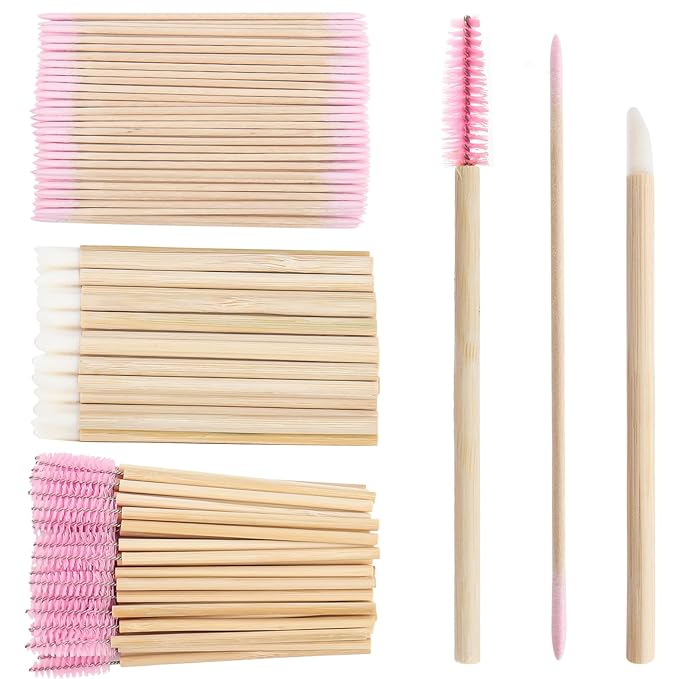 300 pcs Eyelash Extension Supply Kits 200pcs Disposable Double pointed head Wooden Micro Brush 50pcs Eyebrow Lash Spoolie 50pcs Lip Brush Mascara Wand Applicator Makeup Tools (Bamboo pink kits)
