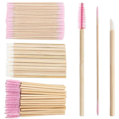 300 pcs Eyelash Extension Supply Kits 200pcs Disposable Double pointed head Wooden Micro Brush 50pcs Eyebrow Lash Spoolie 50pcs Lip Brush Mascara Wand Applicator Makeup Tools (Bamboo pink kits)