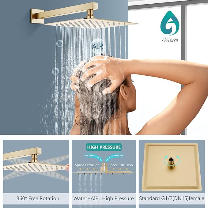 Aolemi Shower Faucet Set, High Pressure Shower System with 2-in-1 Handheld Sprayer, Wall Mount Fixture Combo with Rough-in Valve, 10 Inch Shower Head, Brushed Gold