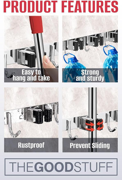 The Good Stuff Heavy Duty Mop and Broom Holder Wall Mount – Stainless Steel 5-Rack Organizer with 4 Hooks – Space Saving, Rust-Resistant Utility Rack for Garage, Kitchen, Laundry or Garden Tools