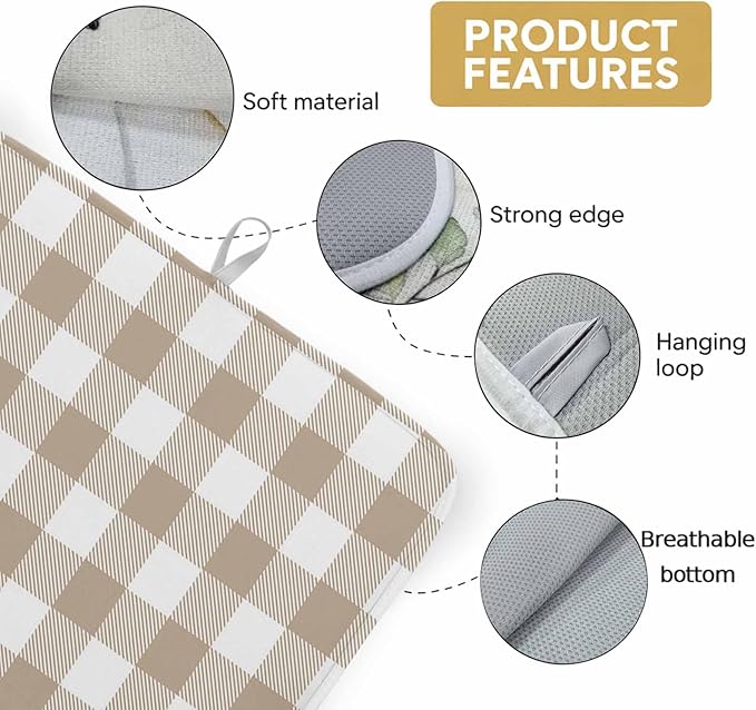Dish Drying Mat Khaki Buffalo Check Plaid Drying Mats for Kitchen Counter Farmhouse Style Absorbent Microfiber Dish Drainer Quick Drying Coffee Mat with Hanging Loop, 18 x24 inch