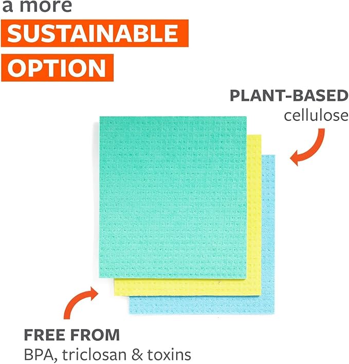 Full Circle Squeeze - Cellulose Sponge Cloths, Super Absorbent Dishtowels, Reuseable Paper Towel Alternative, 100% Natural Plant-Based, 3-Pack, Multicolor