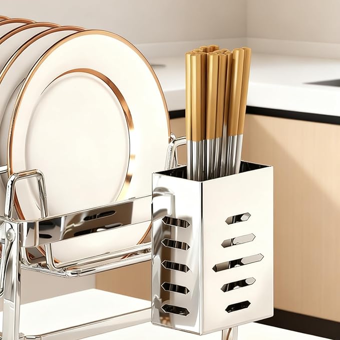 Bowl and Dish Drying Rack, 2-Layer Stainless Steel Kitchen countertop Drain Rack with Drain Plate, Suitable for Plate Cup/Knife/Bowl Dish Sorting Rack, Capable of draining Bowls and Dishes