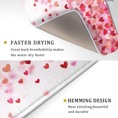 Valentine's Day Dish Drying Mat 18 x 24 Inch With Absorbent Reversible Microfiber Valentine Red Pink Hearts Drying Anniversary Wedding Dish Drainer Mat Fast Dry For Kitchen Dining Room Decor