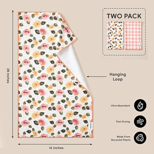 RECYCO Waffle Kitchen Towel Set of 2 - Quick Dry Microfiber Sustainable Dish Towels - Absorbent Reusable Cleaning Tea Towels - Lightweight Hand Towels,16”x 28”, Rose Plaid