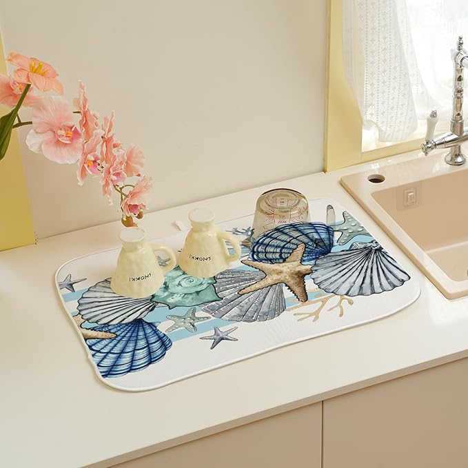 Nautical Coastal Starfish Dish Drying Mats 18x24 Inch Beach Coral Shell Blue Drying Mats Seasonal Summer Ocean Absorbent Dish Drying Pad Dish Rack Drainer Mats for Kitchen Dining Counter Decor