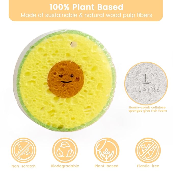 Cellulose Compressed Eco-Sponge 10 Pack- Avocado Sandwich Set | Standard Size| Plastic-Free & Made of All-Natural Wood Pulp | Showering, Dishwashing & Cleaning for Household, Kitchen & Bathroom