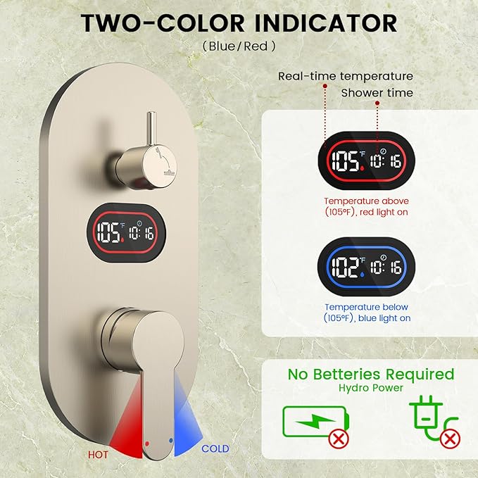 Round Shower Faucet Set with Hydro Power Temperature Display, Shower System Bathroom 10 In Shower Head with Handheld Spray, Wall Mounted Shower Fixtures with Shower Valve and Trim Kit-Brushed Nickel