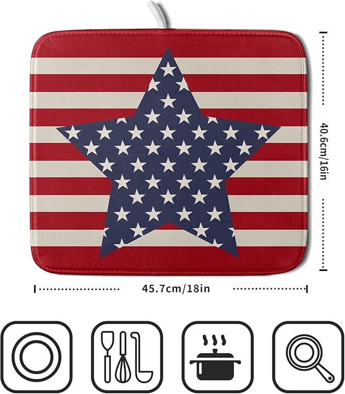 Blue Star Patriotic July of 4th Dish Drying Mat for Kitchen Counter 16x18 Independence Day Red Striped Absorbent Reversible Microfiber Drying Mats Kitchen Countertop Protector Dishes Drainer Rack Pad