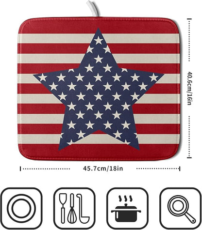 Blue Star Patriotic July of 4th Dish Drying Mat for Kitchen Counter 16x18 Independence Day Red Striped Absorbent Reversible Microfiber Drying Mats Kitchen Countertop Protector Dishes Drainer Rack Pad
