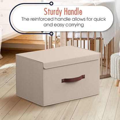 Ornavo Home 3 Pack Collapsible Storage Bins with Lid, Foldable Linen Fabric Shelf Storage Basket Closet Organizer and Large Storage Box for Clothes with Leather Handles, 15 x 10 x 9, Beige
