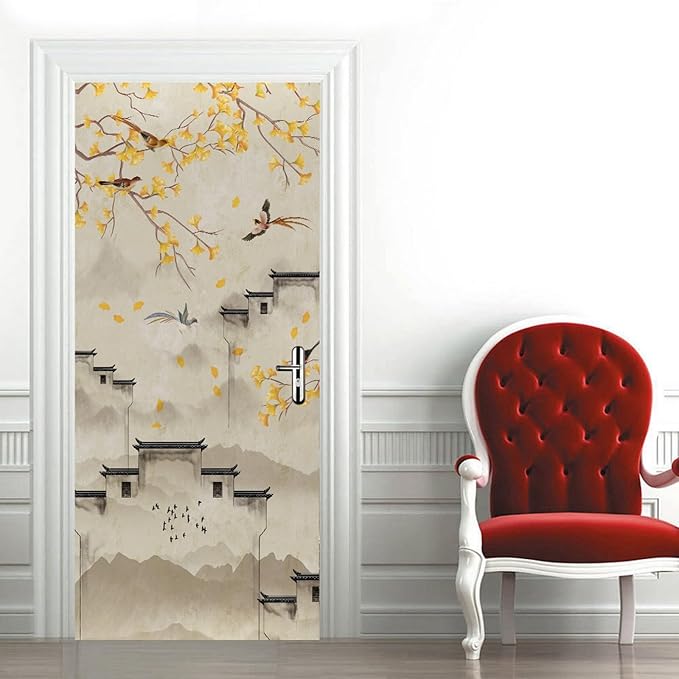 A.Monamour 3D Door Stickers for Interior Doors Flowers Birds Trees and Buildings in Ink Chinese Style Vinyl Waterproof Self Adhesive Door Mural Decals for Bedroom Office Bathroom 85x200cm