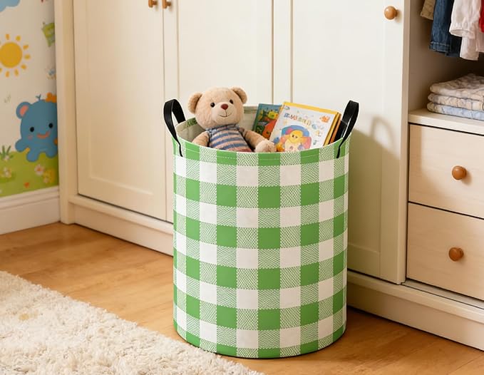 Kids Laundry Basket Grid Hamper for Nursery Green Hamper Cute Kids Storage Bin Organizer Room Decor for Home(Green Grid)