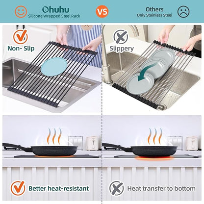 Ohuhu Roll Up Dish Racks, 16.5" L x 13" W Over The Sink Dish Drainer Drying Rack Kitchen Sink Organizer Silicone Wrapped Large in Sink Dish Drying Rack Foldable Rolling Drain Mats Anti-Slip