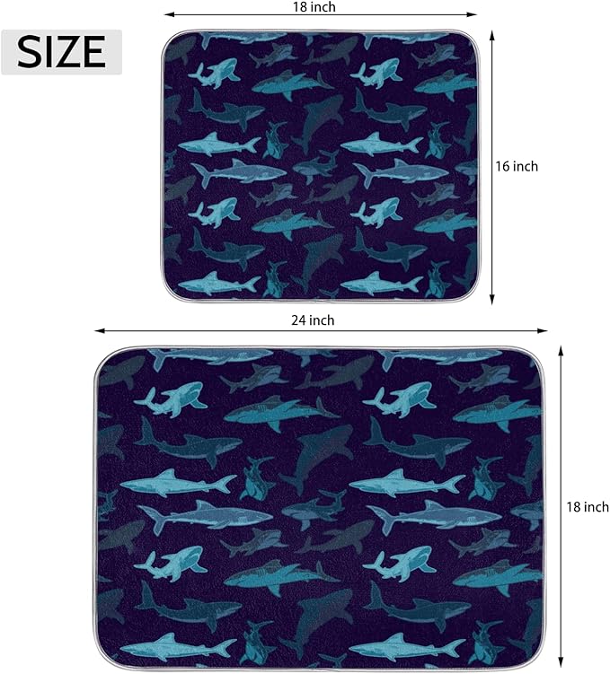 Honeybaby Dish Drying Mat Navy Ocean Shark Dish Drying Mats for Kitchen Counter Absorbent Kitchen Drying Mat Dish Rack Mat 18x24 inches