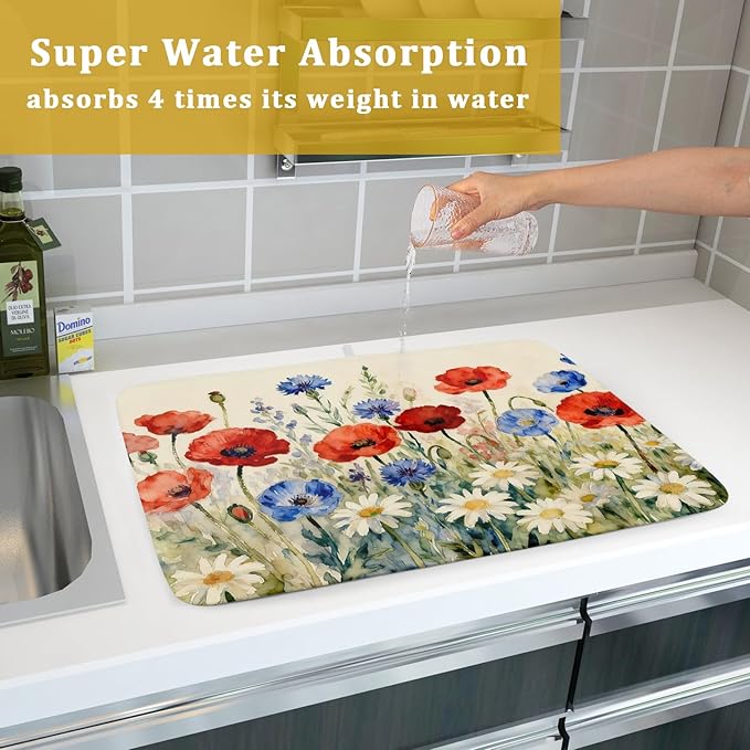 4th of July Dish Drying Mat for Kitchen Counter 18x24 Red Blue White Patriotic Floral Memorial Day Holiday Absorbent Reversible Microfiber Drying Mats Kitchen Countertop Protector Dishes Drainer Pad