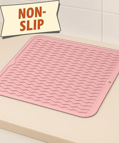 Silicone Drying Mat 16 × 12 – Pink Rose Non-Slip Sink Mat for Kitchen Counter, Heat-Resistant Food-Grade Dish Pad, Easy-Clean Multipurpose Drawer Liner (Pink Rose, 16" x 12")