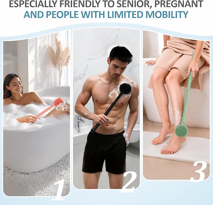 Silicone Back/Face Scrubber & Soft Bath Glove 3PCS, 16''- 24'' Extendable Shower Back Scrubber, 360° Anti-Slip & Hand-fit Silicone Bath Glove, Manual Face Brush for All-Round Cleaning(Black)