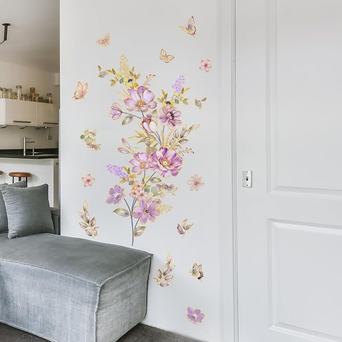 Flower and Butterfly Wall Stickers Purple Flowers with Butterflies Wall Decals Nature Theme Peel and Stick Waterproof Clings for Living Room Bedroom (Purple Flowers)