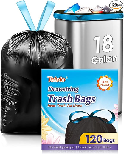 18 Gallon 120 Counts Strong Drawstring Trash Bags Garbage Bags by Teivio, Bathroom Trash Can Bin Liners, Plastic Bags for home office kitchen, Black
