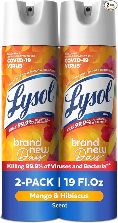 Lysol Disinfectant Spray, Sanitizing and Antibacterial Spray, For Disinfecting and Deodorizing, Mango & Hibiscus, 19 Fl. Oz (Pack of 2)