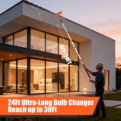 30FT Light Bulb Changer for High Ceilings with 5-24FT Heavy Duty Extension Pole,High Ceiling Fan Duster Extendable Reusable Cobweb,Feather,Window Cleaning Squeegee Kit for Home & House,Interior Roof