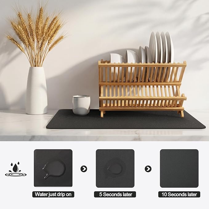 Ecotrim - Dish Drying Mat for Kitchen Counter | Coffee Bar Mat for Countertops | Heat Resistant Drainer Mat with Non-slip Rubber Backed | Hide Stain Kitchen Absorbent Draining Mat | Black 18"x32"