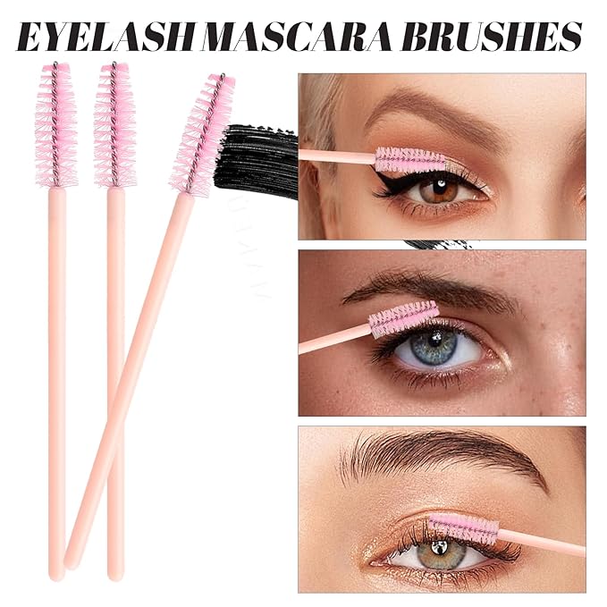 300 PCS Eyelash Extension Supplies Kit, Disposable Micro Applicator Brush, Eyebrow Spoolie, Lip Brush, Mascara Wand Applicator (Light pink)