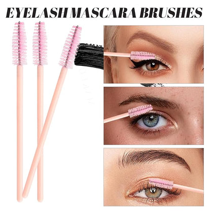 300 PCS Eyelash Extension Supplies Kit, Disposable Micro Applicator Brush, Eyebrow Spoolie, Lip Brush, Mascara Wand Applicator (Light pink)
