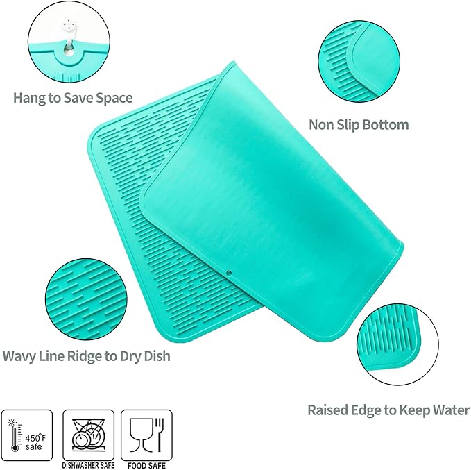 MicoYang Silicone Dish Drying Mat for Multiple Usage,Easy clean,Eco-friendly,Heat-resistant Silicone Mat for Kitchen Counter or Sink,Refrigerator or Drawer Liner Mint 3XL 28 inches x 18 inches