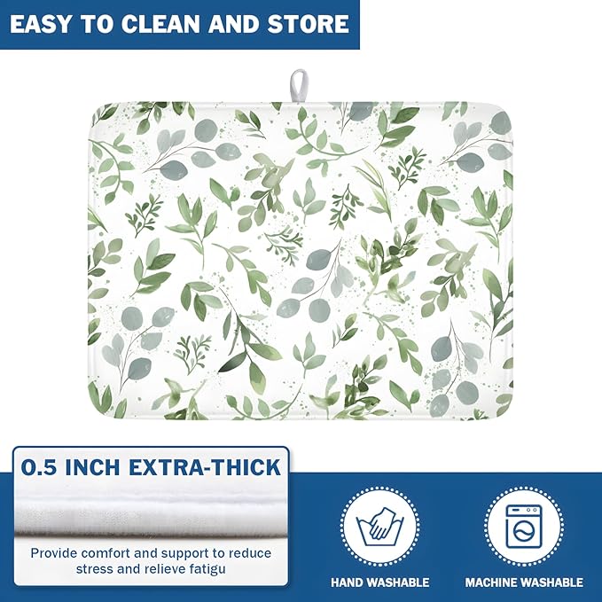 Spring Summer Sage Green Leaves Dish Drying Mat 16 x 18 Inch Spring Eucalyptus Leaf Dish Drainer Rack Mat Absorbent Microfiber for Holiday Kitchen Coffee Dining Bar Decor