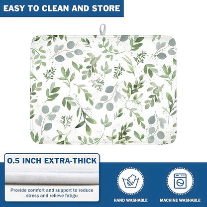 Spring Summer Sage Green Leaves Dish Drying Mat 16 x 18 Inch Spring Eucalyptus Leaf Dish Drainer Rack Mat Absorbent Microfiber for Holiday Kitchen Coffee Dining Bar Decor