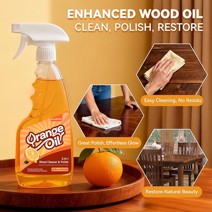 2-in-1 Furniture Polish Wood Cleaner - 2Pack Natural Orange Oil Spray Protect Wood Surface Safely, Enhanced Furniture Restorer Finish Cabinets, Tables, Antique, Floor, 32oz Total