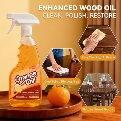 2-in-1 Furniture Polish Wood Cleaner - 2Pack Natural Orange Oil Spray Protect Wood Surface Safely, Enhanced Furniture Restorer Finish Cabinets, Tables, Antique, Floor, 32oz Total