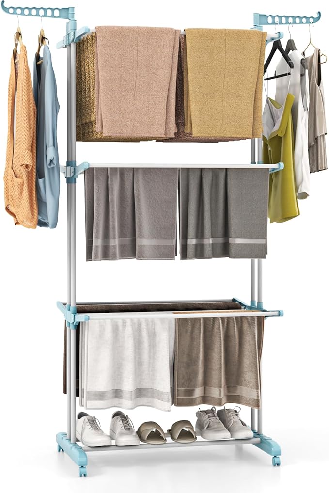 GOFLAME 4-Tier Clothes Drying Rack, Collapsible Clothes Horse Rack with Rotatable Side Wings and Foldable Shelves, Freestanding Garment Dryer Stand with Casters for Indoor and Outdoor Use, Blue