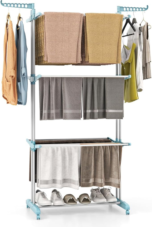 GOFLAME 4-Tier Clothes Drying Rack, Collapsible Clothes Horse Rack with Rotatable Side Wings and Foldable Shelves, Freestanding Garment Dryer Stand with Casters for Indoor and Outdoor Use, Blue